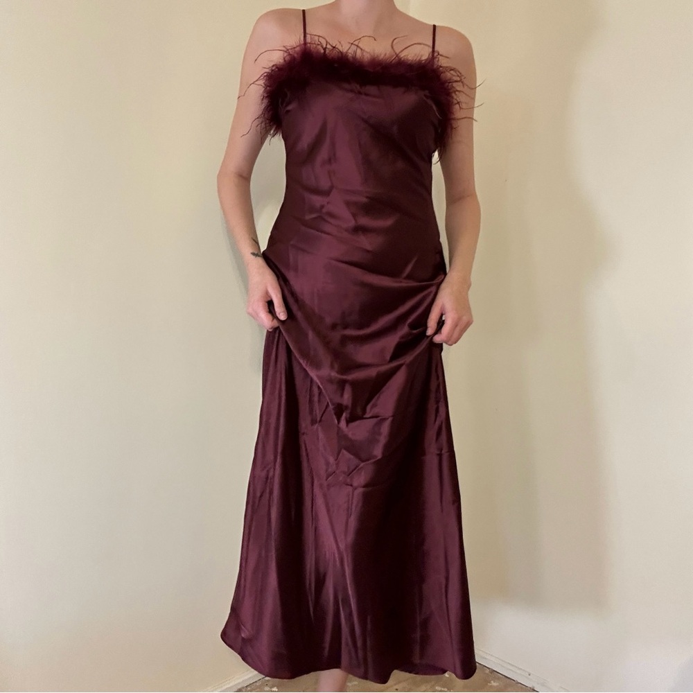 Burgundy Feather-Trimmed Satin Dress